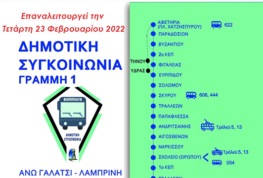 Επαναλειτουργεί από την Τετάρτη 23 Φεβρουαρίου 2022  η Δημοτική Συγκοινωνία Γαλατσίου