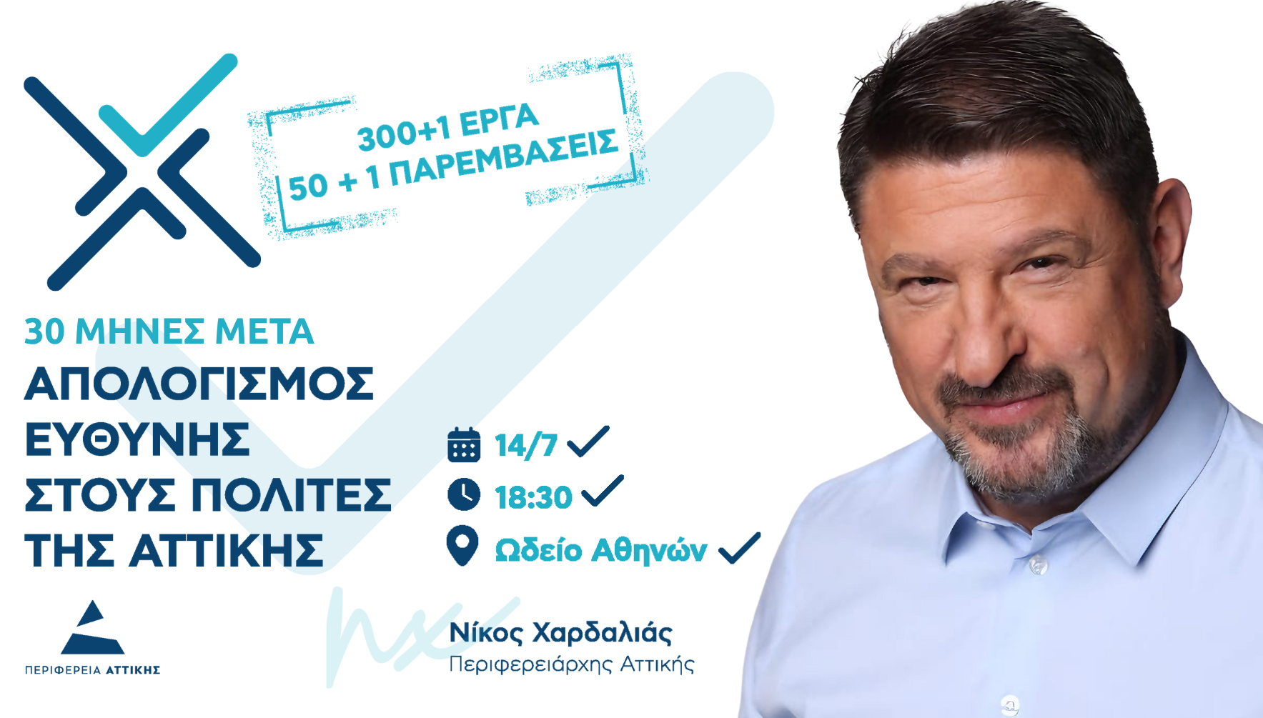 Ο Περιφερειάρχης Αττικής, Νίκος Χαρδαλιάς, σας προσκαλεί στην εκδήλωση απολογισμού των πρώτων 30 μηνών